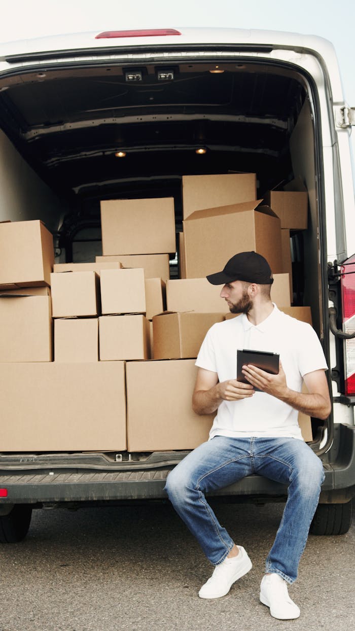 our-story A courier sitting by a van filled with packages, using a digital tablet.