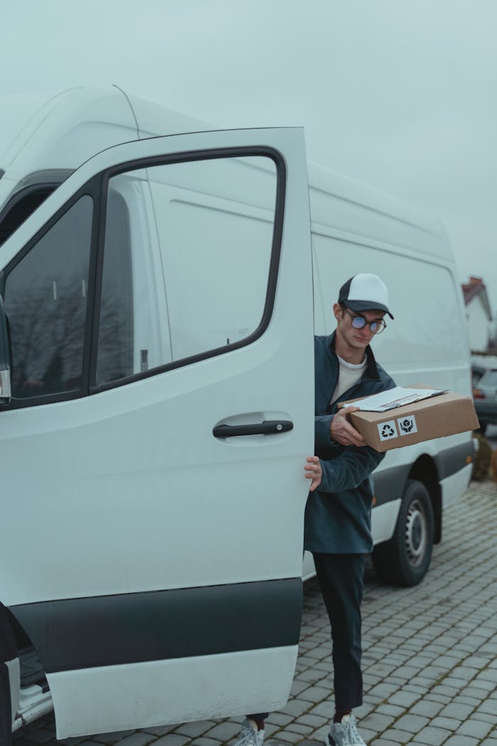 gallery-01 Delivery driver stepping out of van carrying a package on a cloudy day.