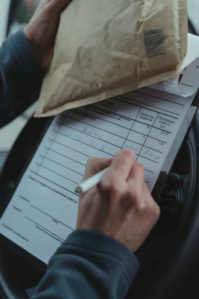gallery-03 Close-up of a courier signing a package delivery form on a clipboard inside a vehicle.